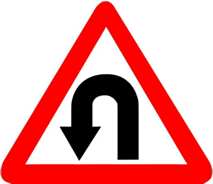 Left-hand pin bend traffic sign colored