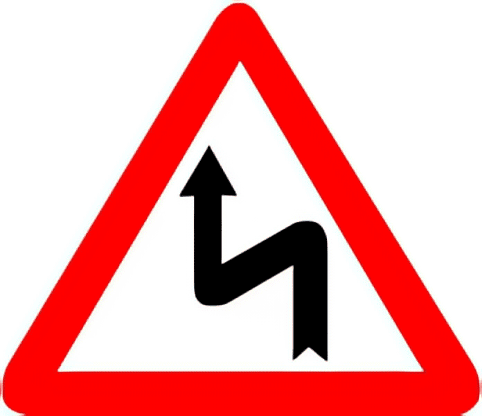 Right reverse bend traffic sign colored
